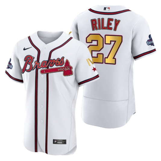 Men's Atlanta Braves #27 Austin Riley White Gold World Series Champions Flex Base Stitched Jersey Men's Atlanta Braves #27 Austin Riley White Gold World Series Champions Flex Base Stitched Jersey
